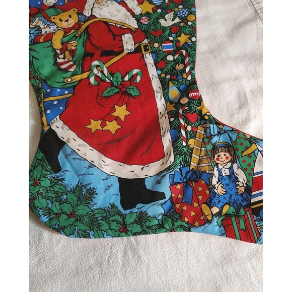 Vtg Pair Handmade Large Christmas Stockings Santa Teddy Bear & Toy Print  Retro - Picture 7 of 8